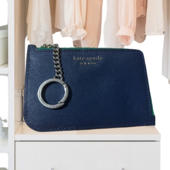 Navy, Green & White Kate Spade Leather Card Holder, Gold Zipper & Silver Accents - Picture 1 of 16
